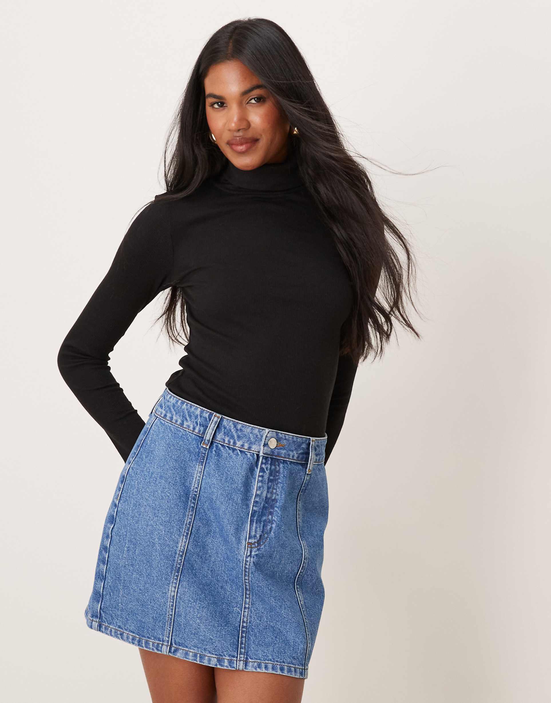 Ribbed Roll Neck Long Sleeve Top – Charcoal Grey