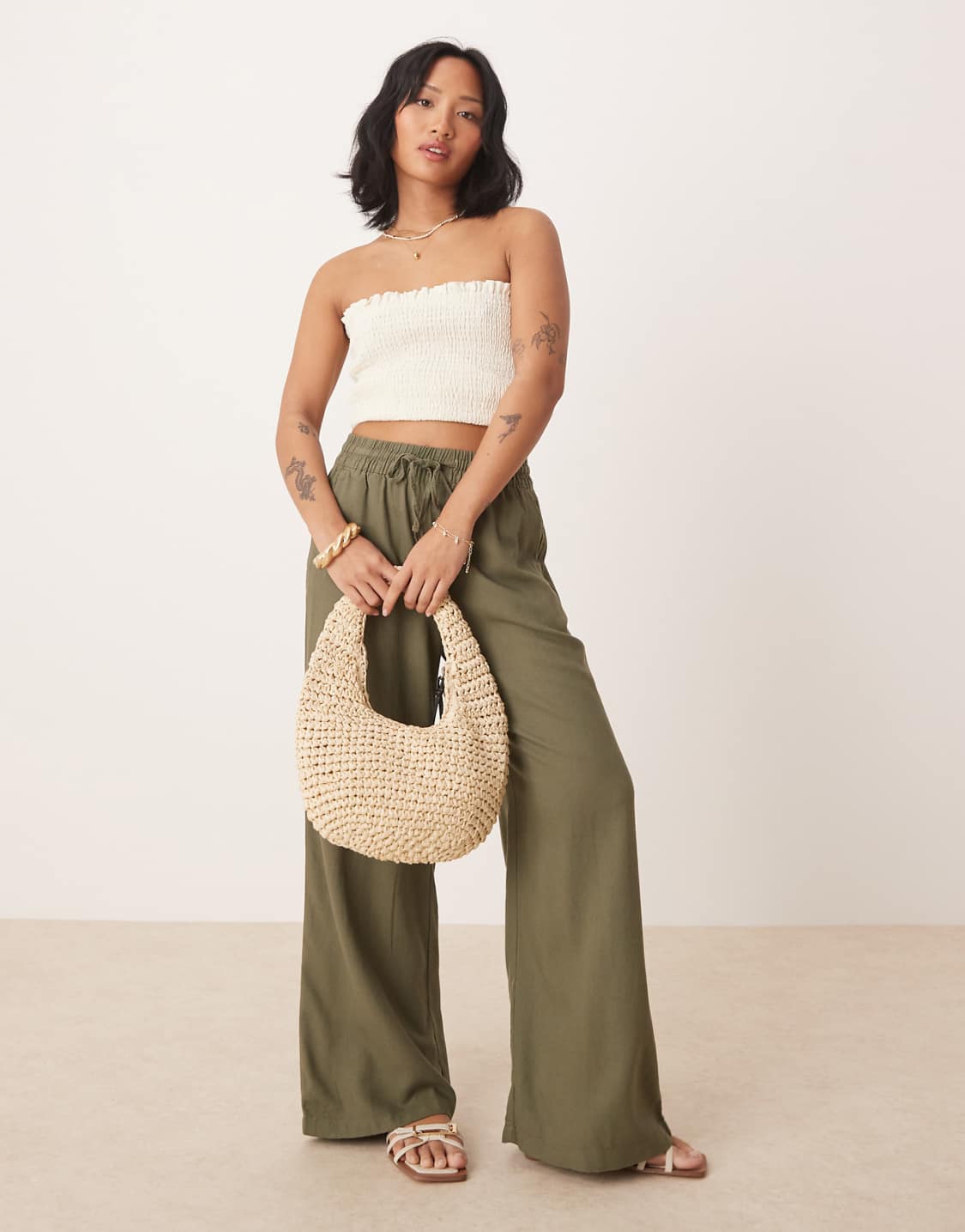 Petite Wide Leg Linen Trousers – Khaki