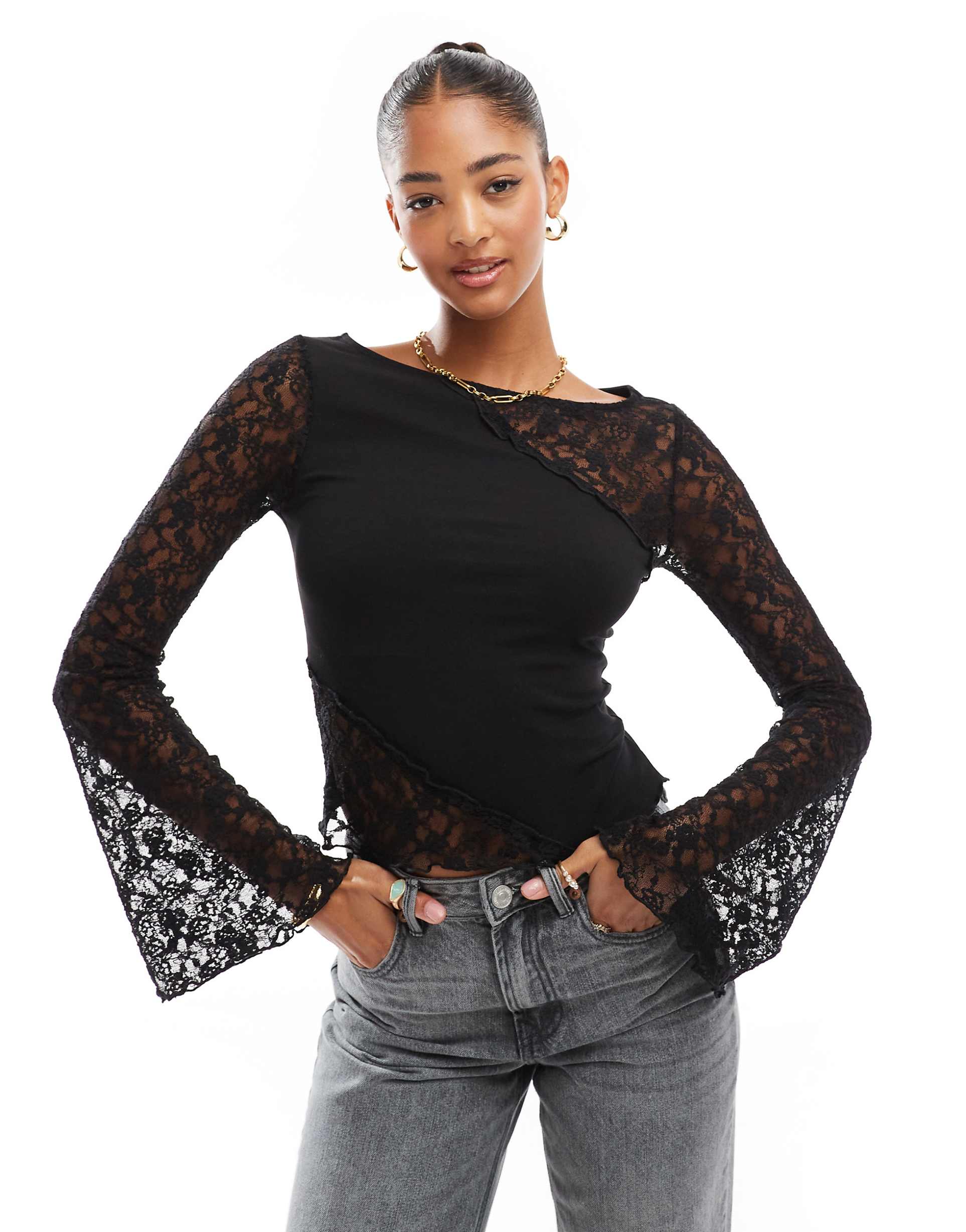 Black Lace Long Sleeve Top with Flare Detail