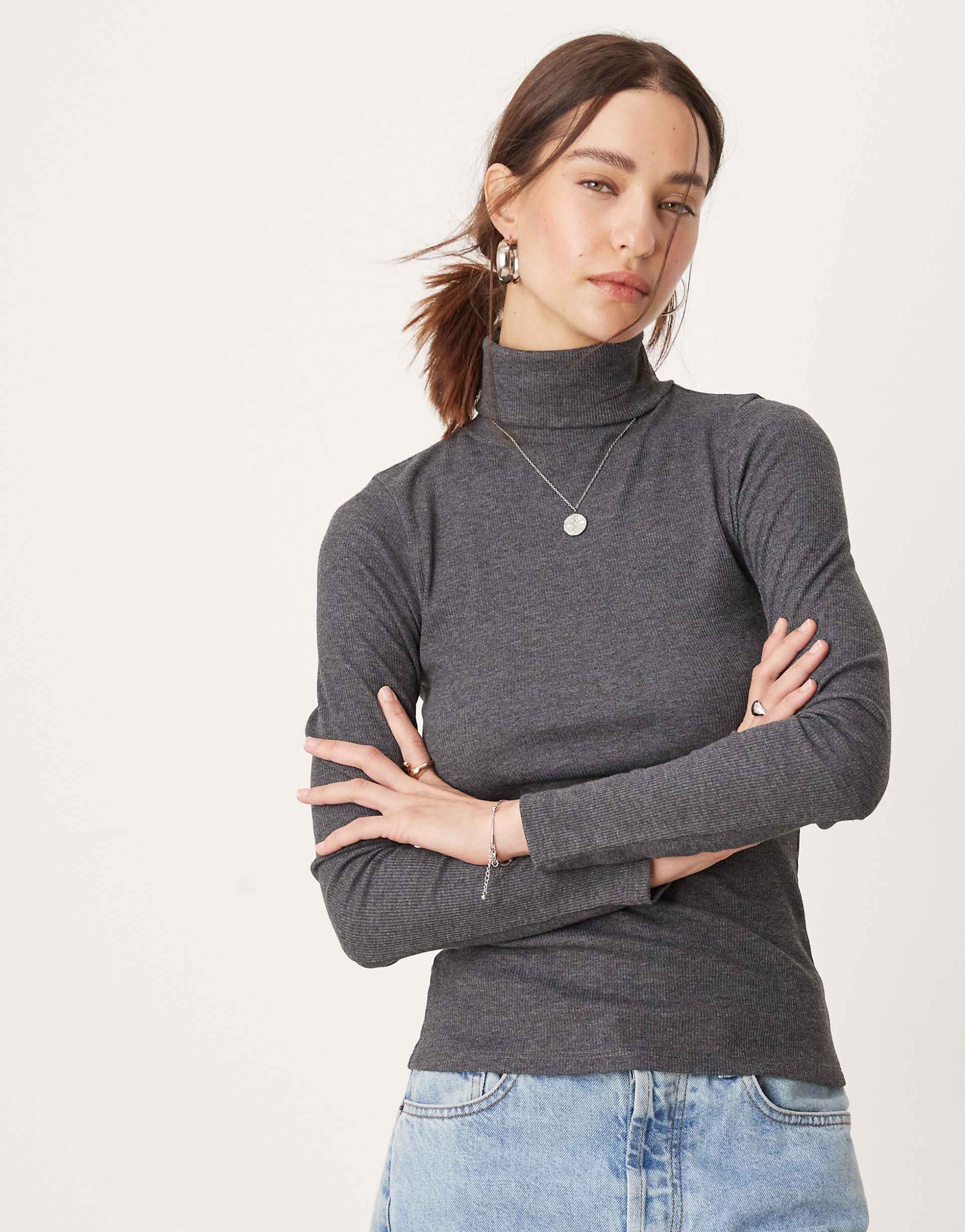 Ribbed Roll Neck Long Sleeve Top – Charcoal Grey