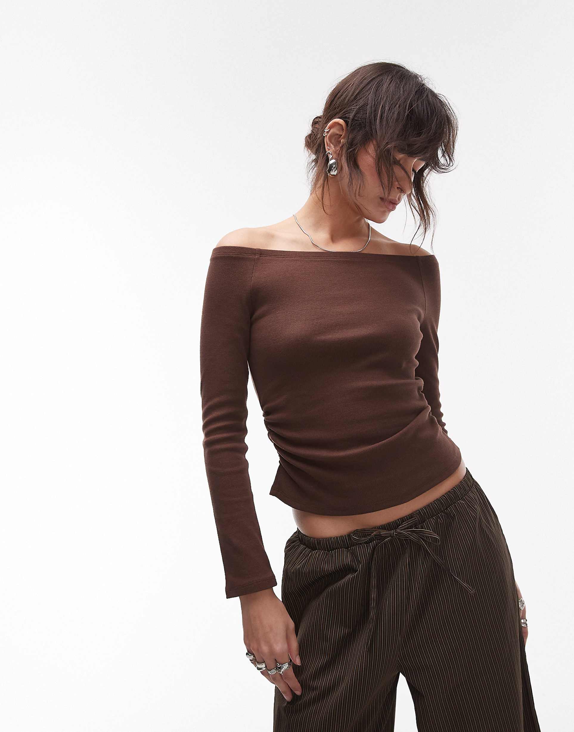 Chic Ruched Front Long Sleeve Top – Brown