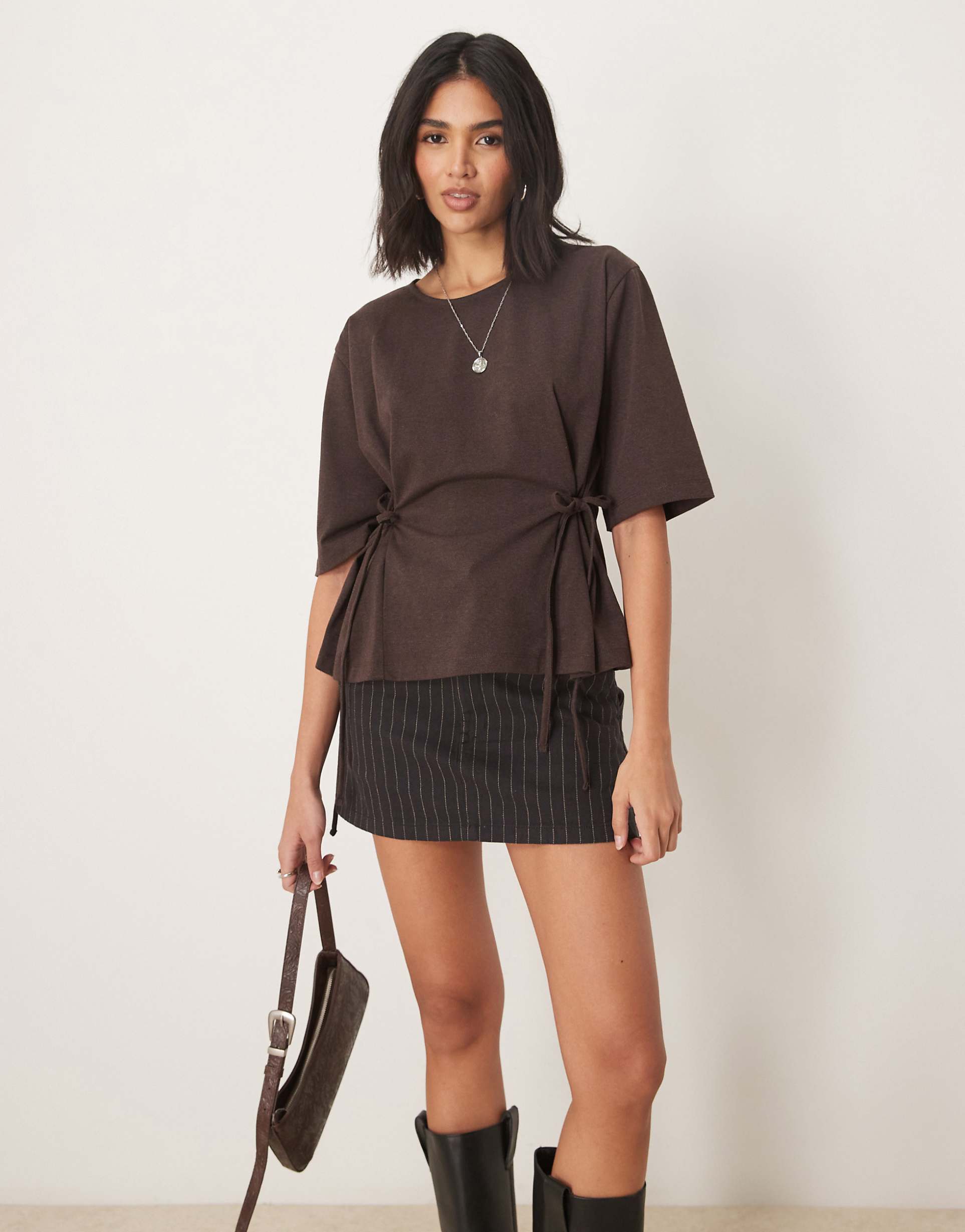 Oversized Tie Detail T-Shirt – Brown