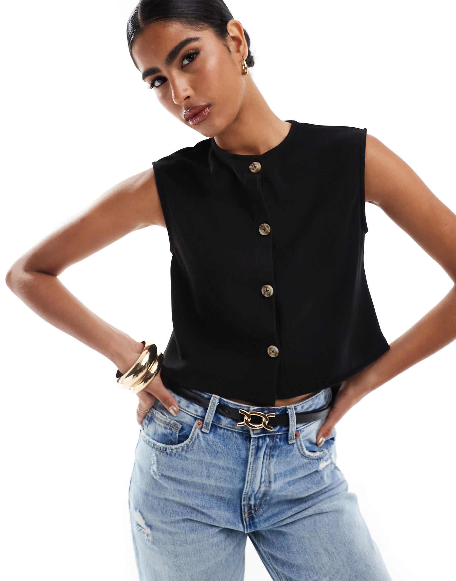 Black cropped waistcoat with button detail