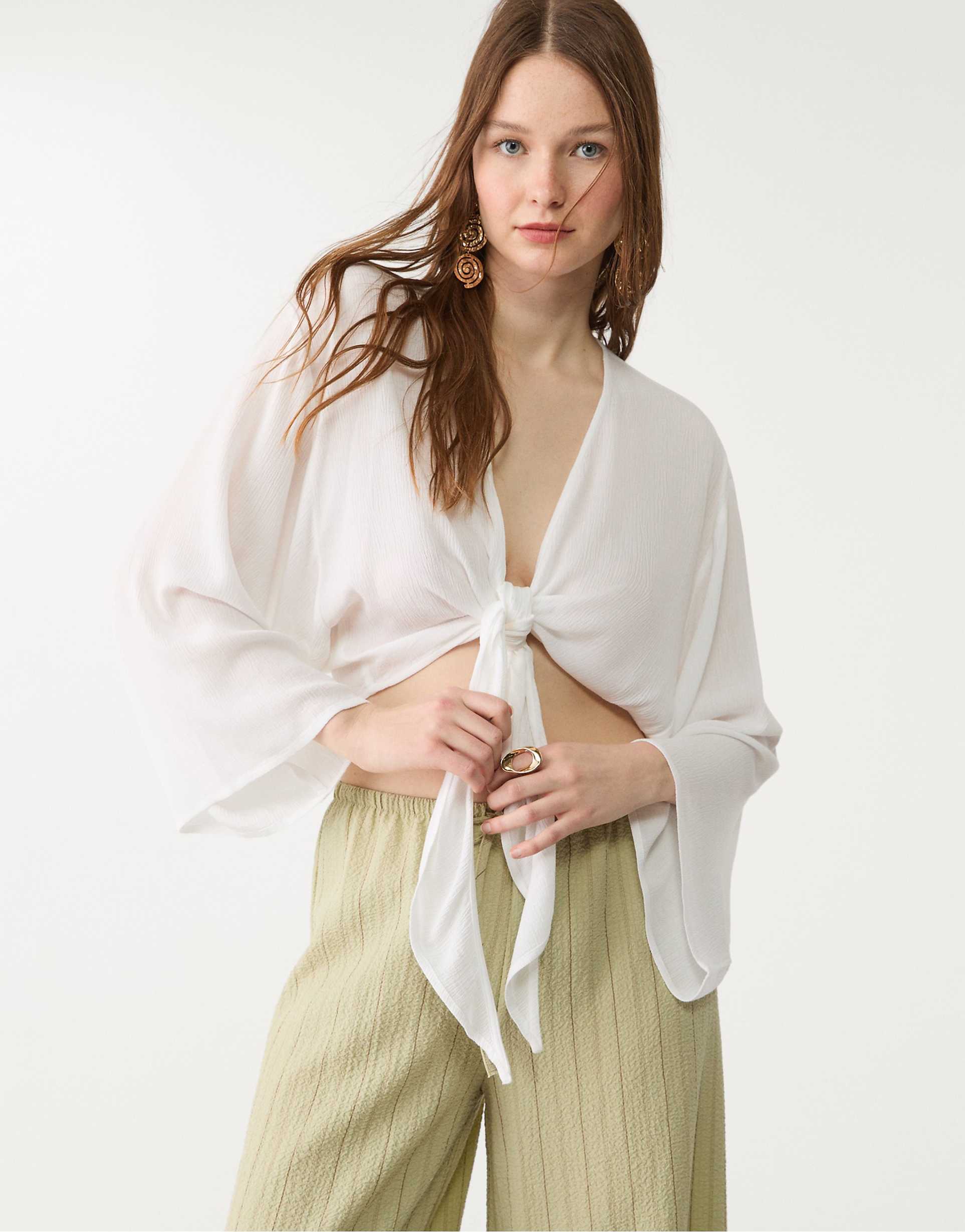 Cropped Tie-Front Blouse – Brown