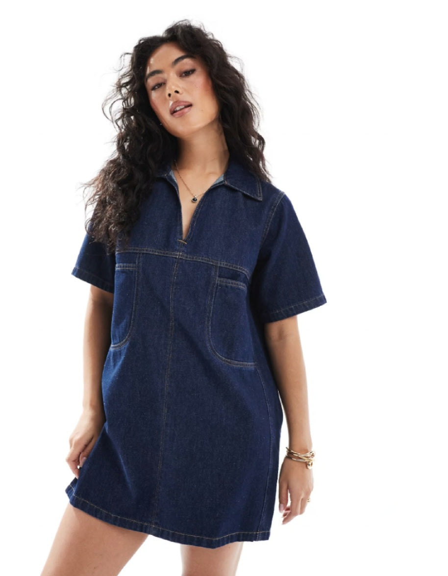 Denim Polo Mini Dress – Contrast Stitch