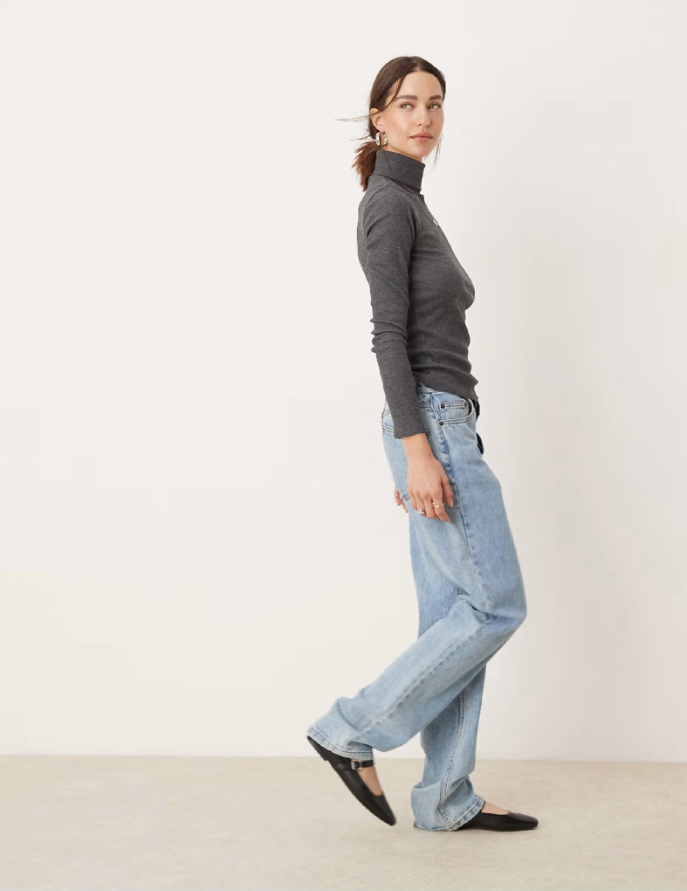 Ribbed Roll Neck Long Sleeve Top – Charcoal Grey