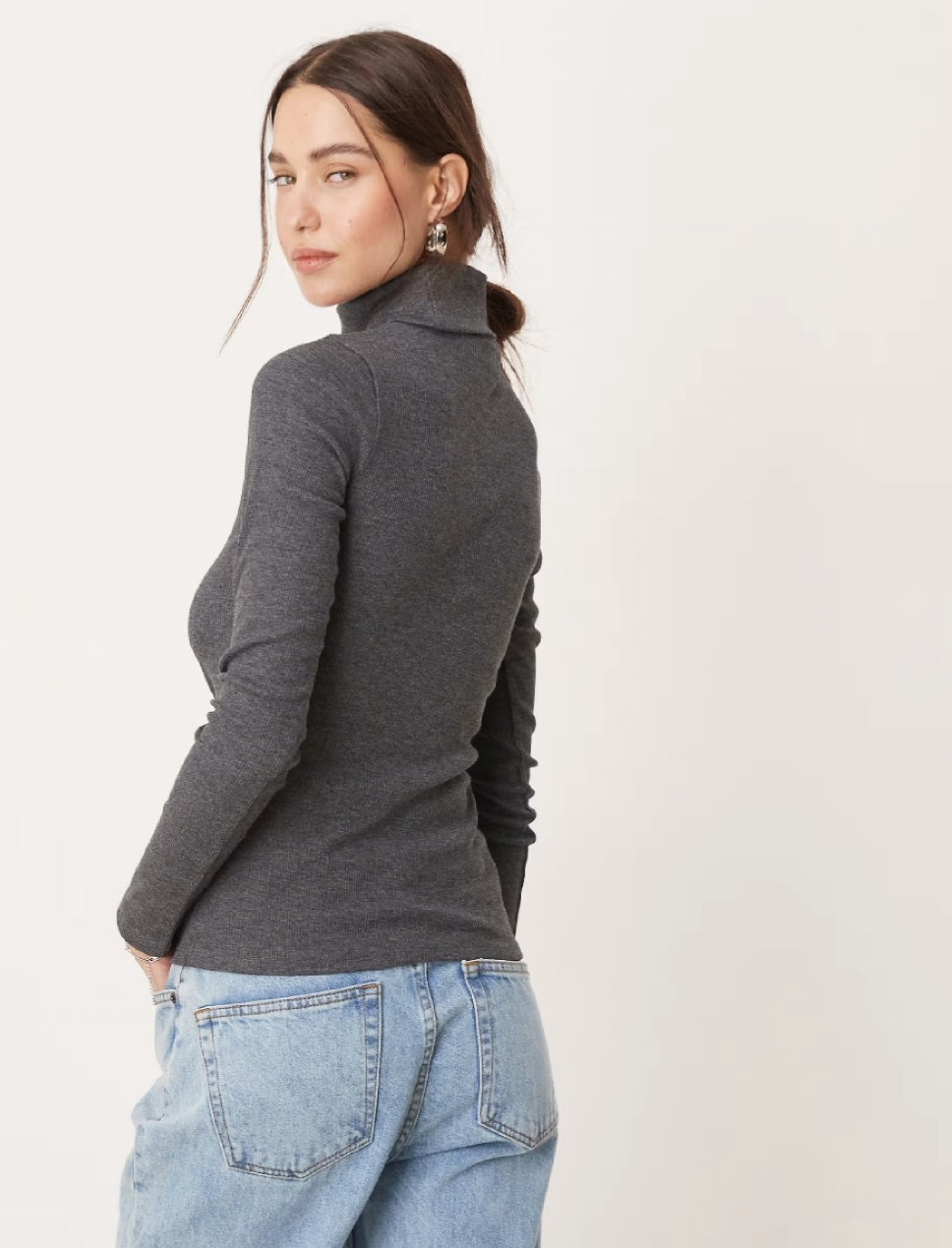 Ribbed Roll Neck Long Sleeve Top – Charcoal Grey