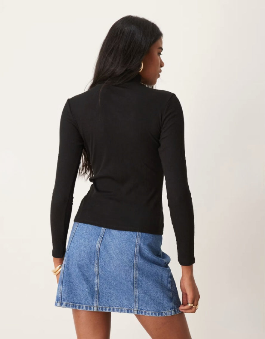 Ribbed Roll Neck Long Sleeve Top – Charcoal Grey