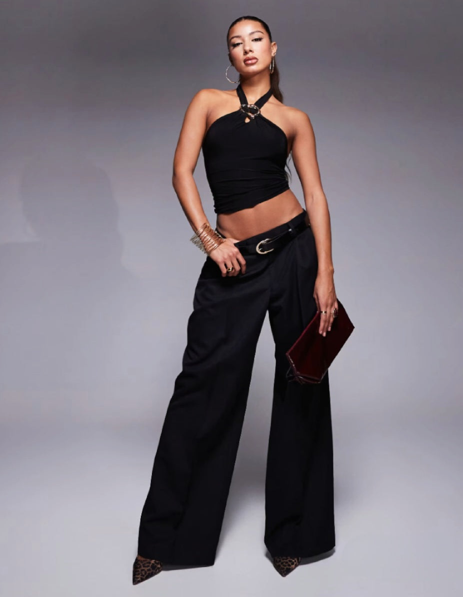 Black halter top with gold ring detail