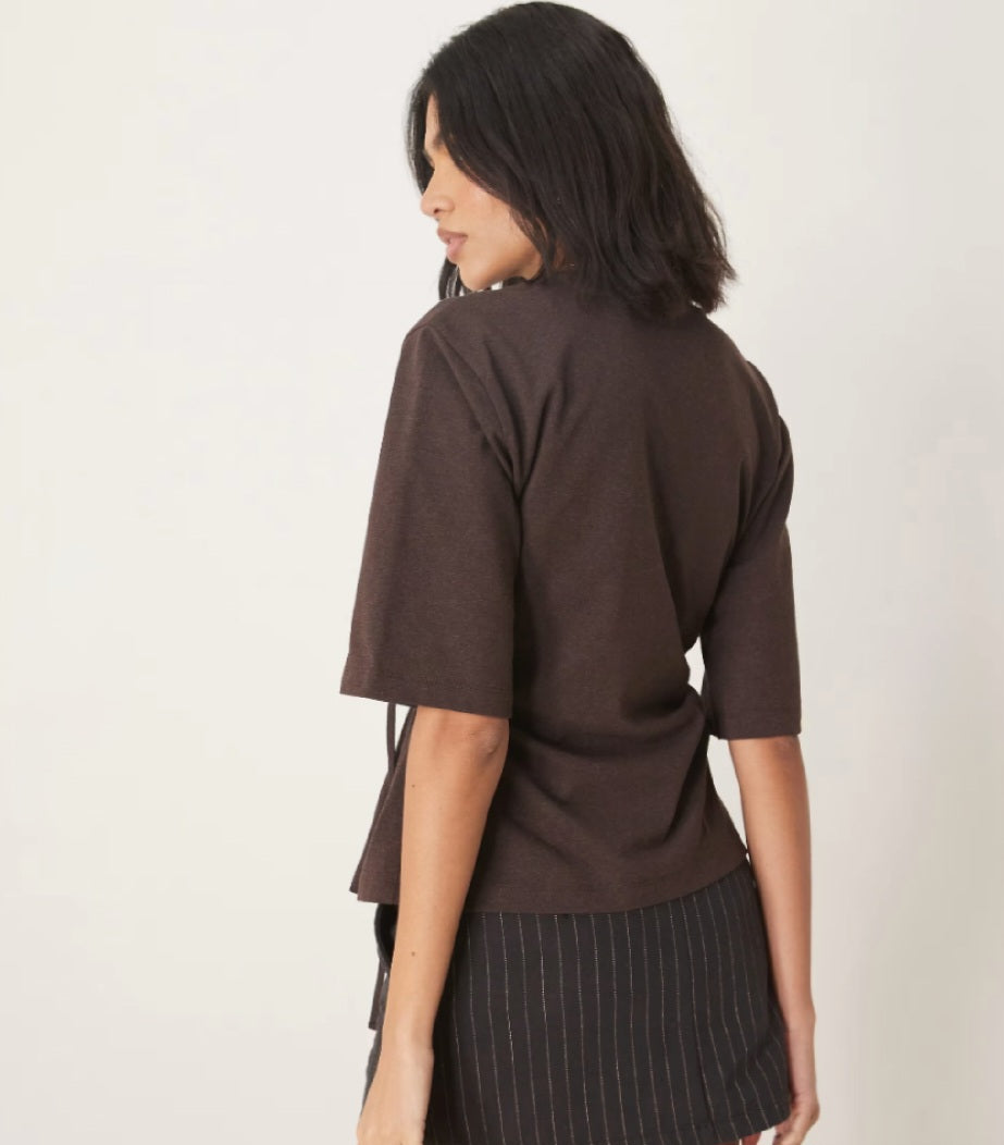 Oversized Tie Detail T-Shirt – Brown