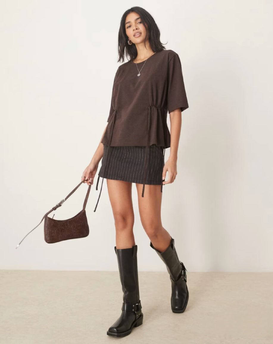 Oversized Tie Detail T-Shirt – Brown