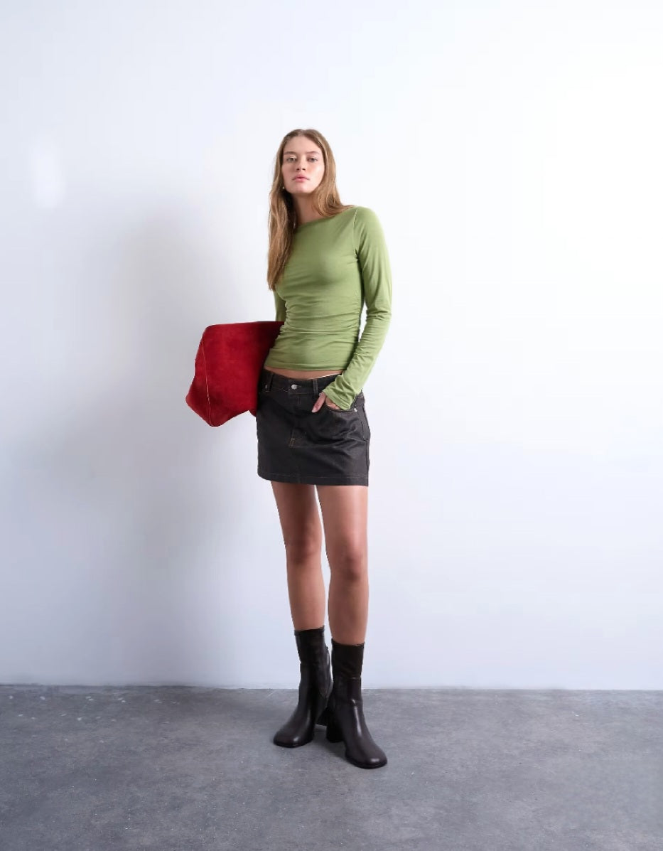 Elegant Ruched Slash Neck Long Sleeve Top – Green