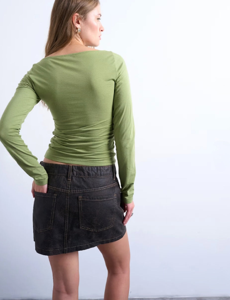 Elegant Ruched Slash Neck Long Sleeve Top – Green