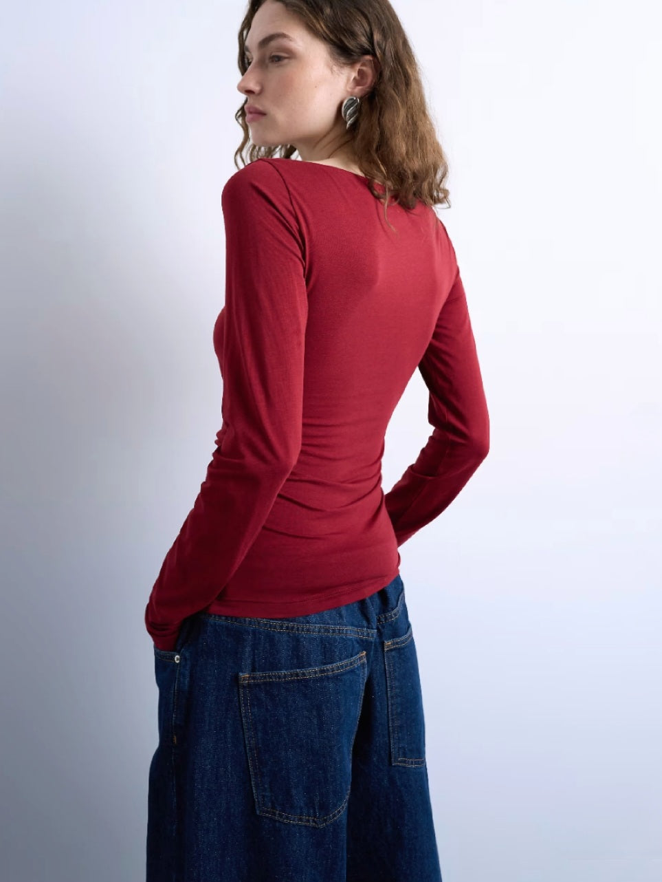 Elegant Ruched Slash Neck Long Sleeve Top – Green