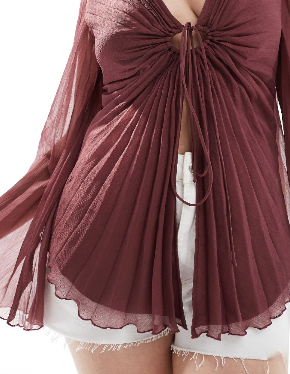 Dark Red Pleated Tie Front Blouse