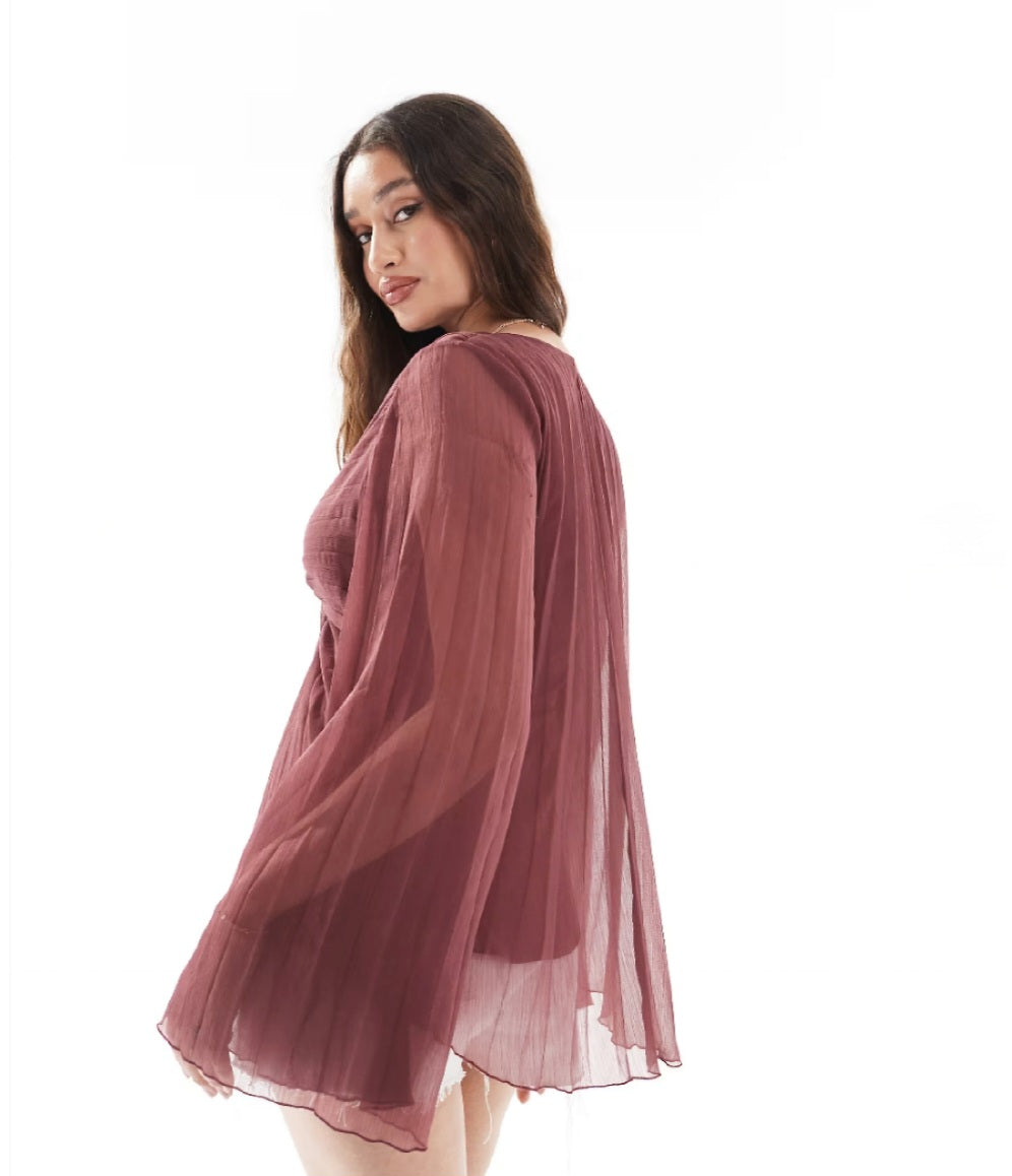 Dark Red Pleated Tie Front Blouse