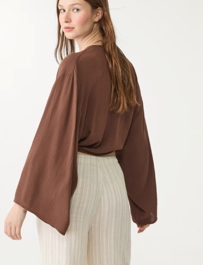 Cropped Tie-Front Blouse – Brown