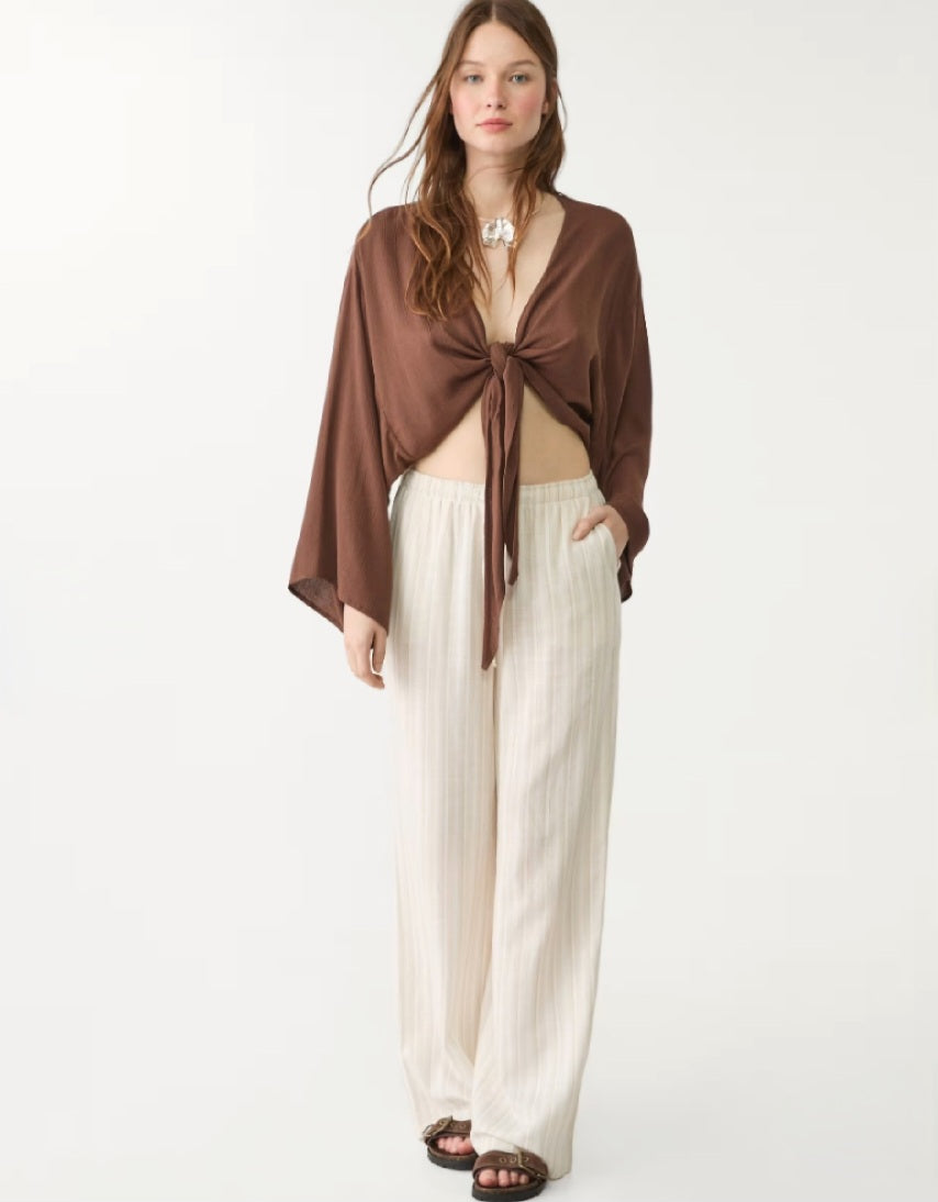 Cropped Tie-Front Blouse – Brown