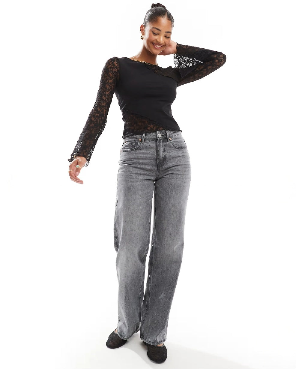 Black Lace Long Sleeve Top with Flare Detail