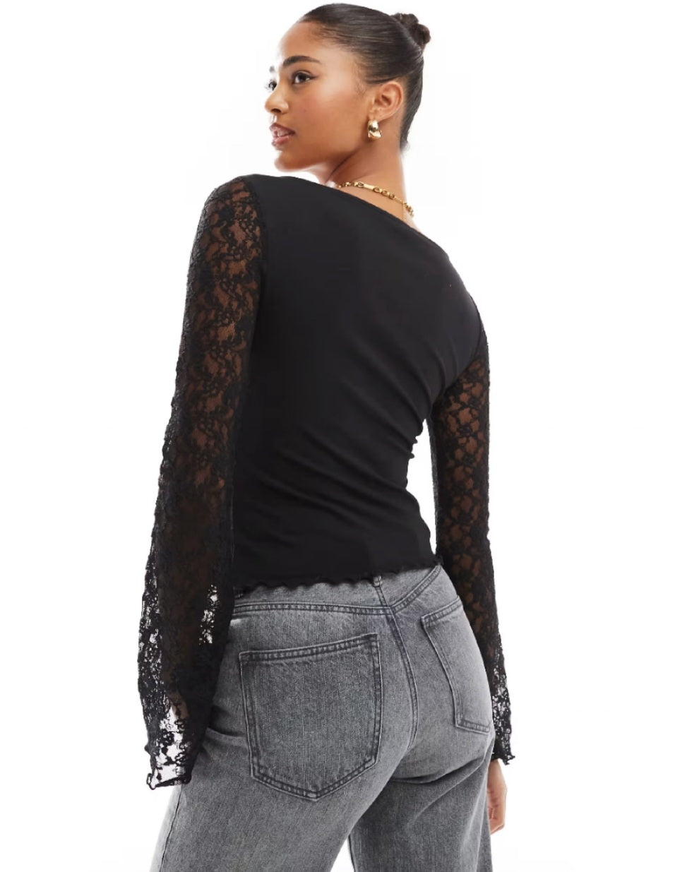 Black Lace Long Sleeve Top with Flare Detail