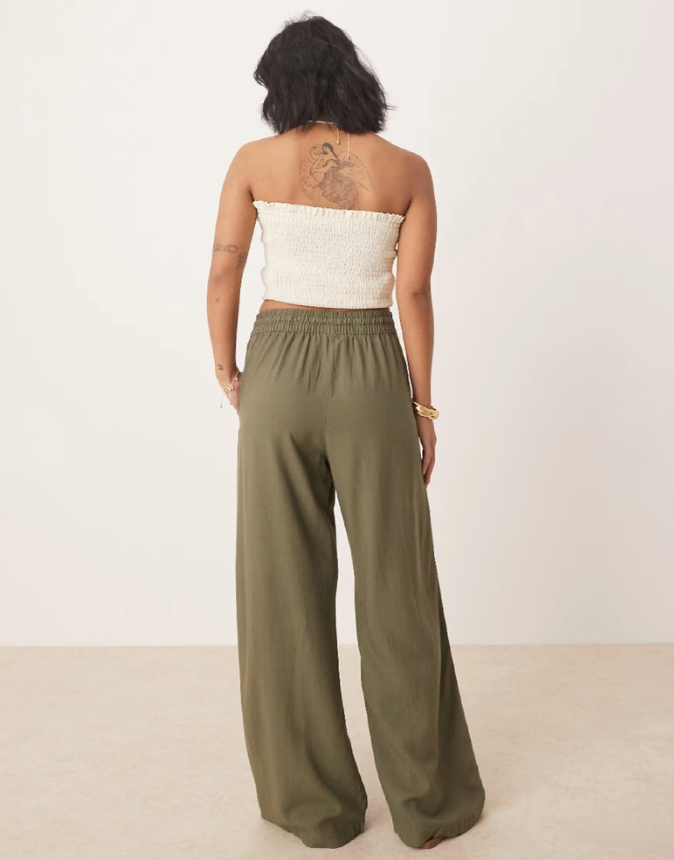 Petite Wide Leg Linen Trousers – Khaki
