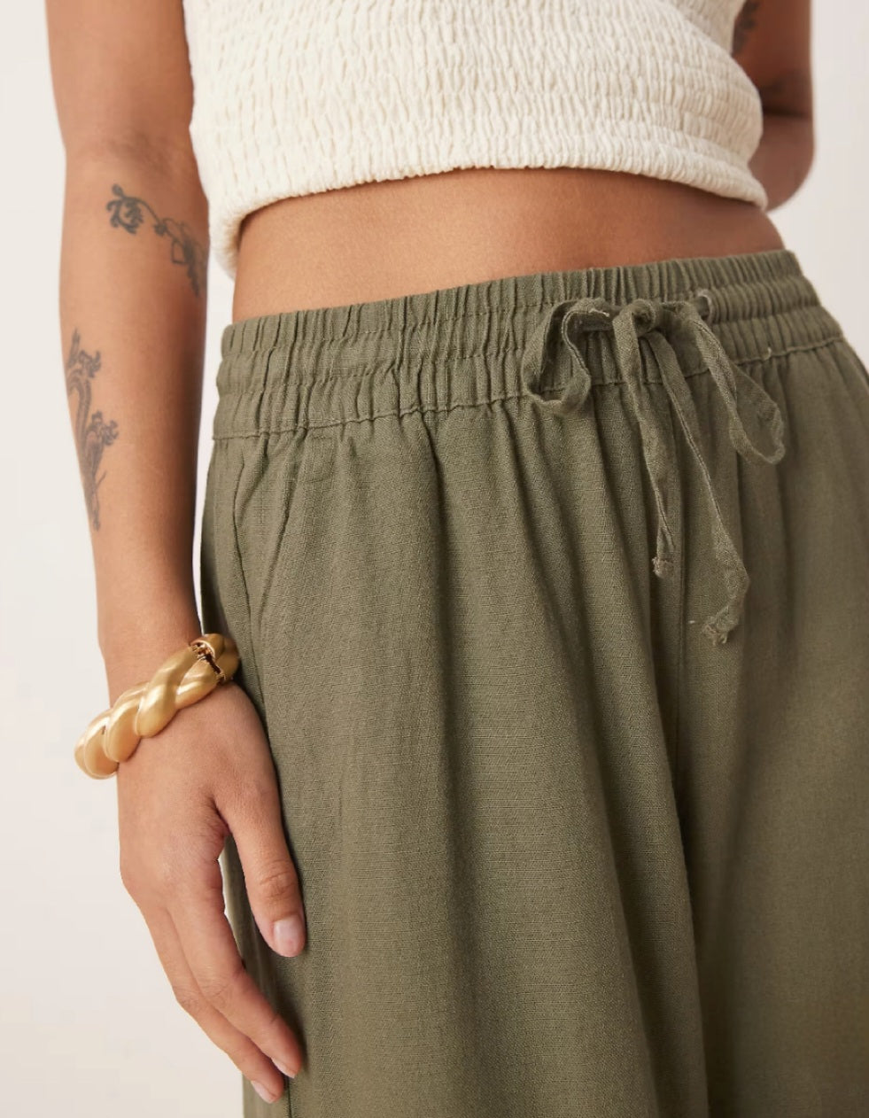 Petite Wide Leg Linen Trousers – Khaki